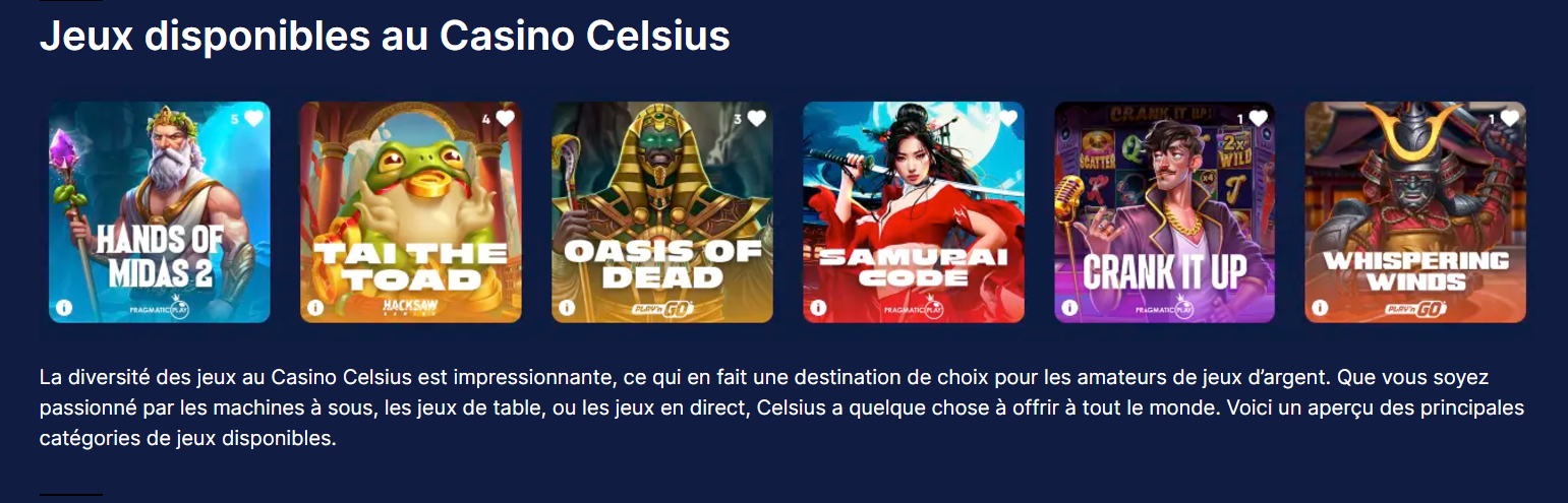 Various available games at Celsius Casino.