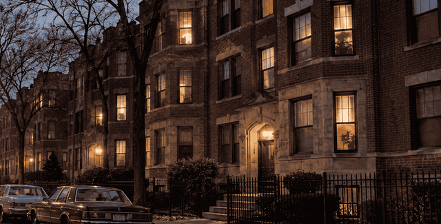 Historic-style Chicago residential street with brick apartment buildings at dusk.