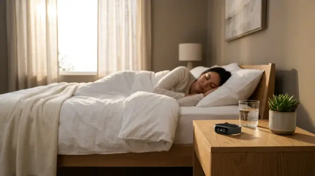 Person sleeping peacefully in minimalist bedroom with sleep tracker on nightstand at dawn