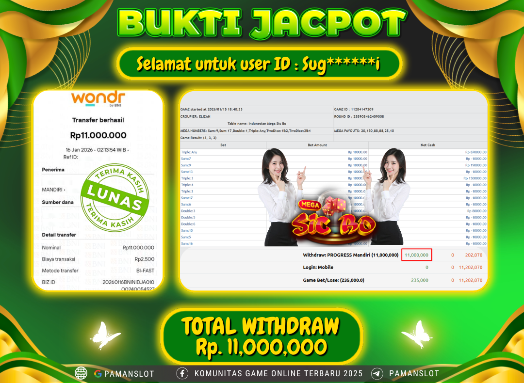 PAMANSLOT JACKPOT Game Live Games PP-Indonesian Mega SicBo Rp.11,000,000- LUNAS