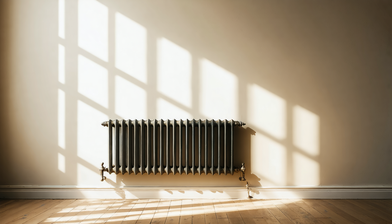 A radiator against a wall in an empty room, with late afternoon light casting geometric shadows from a window.