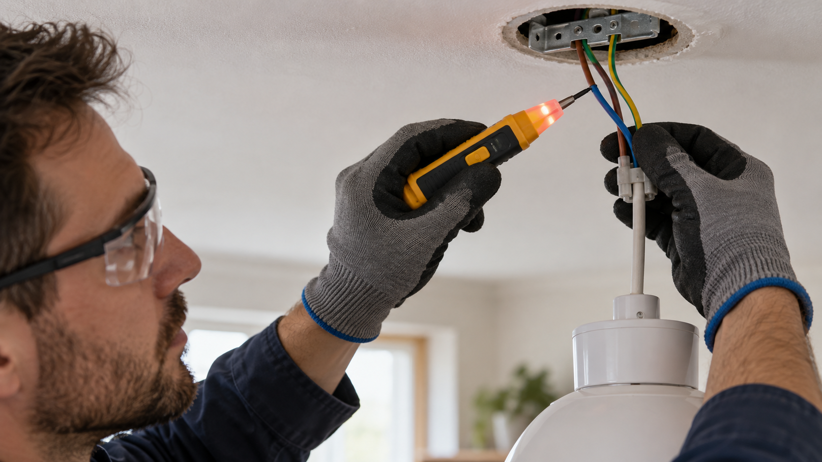 Checking ceiling light wiring before handling it