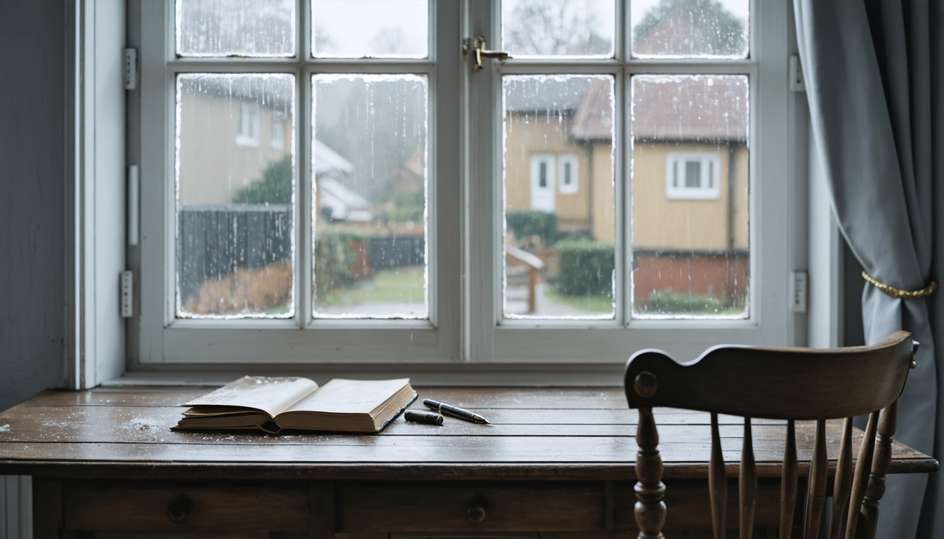 A worn wooden desk in dim window light holding a closed notebook and a single pen, with an empty chair pulled back.