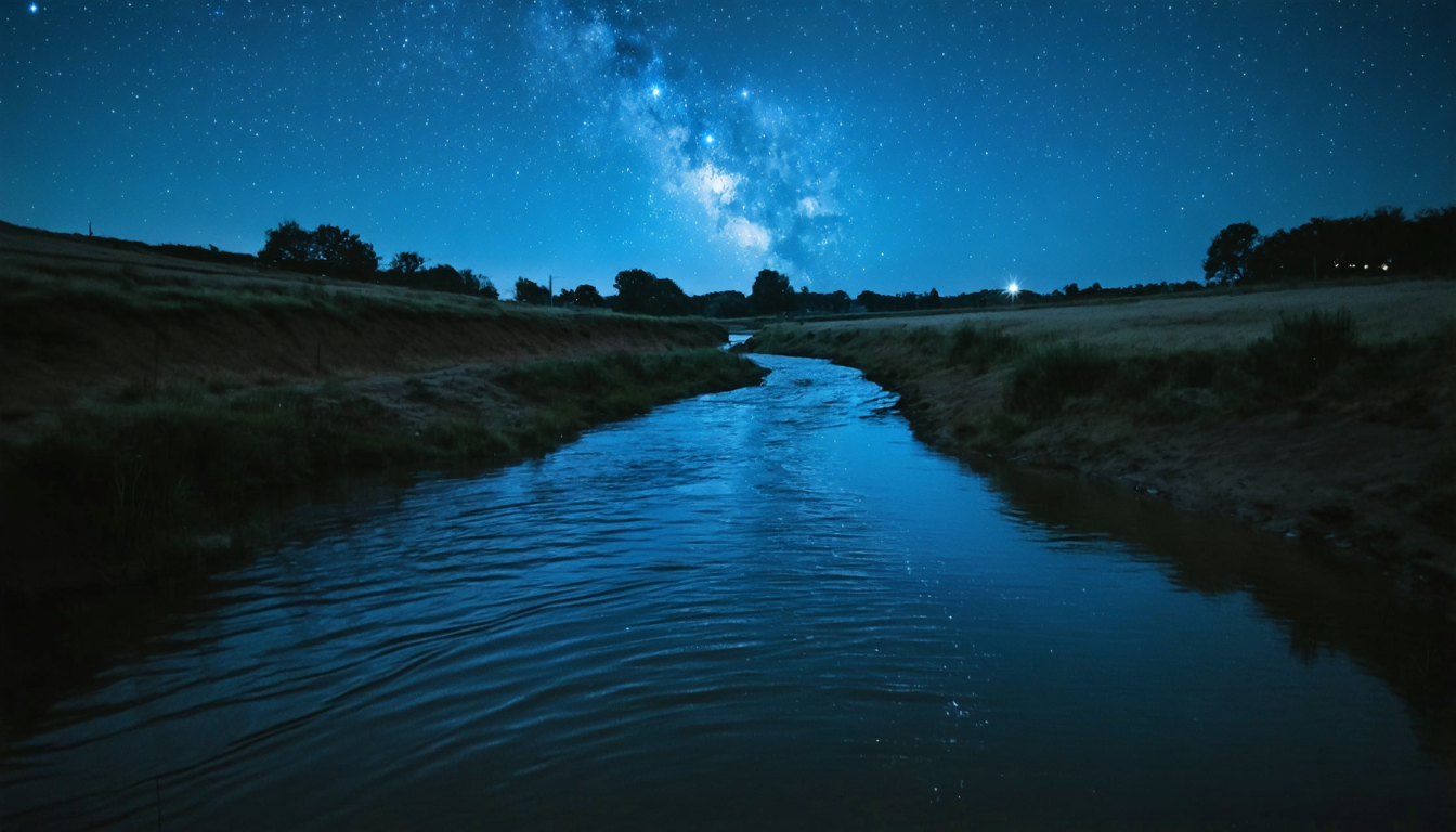 A dark river at night reflecting scattered stars on its surface, flowing between low muddy banks.