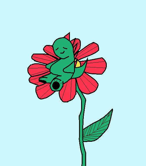 Dibujo de un pequeño dinosaurio verde en una flor roja
