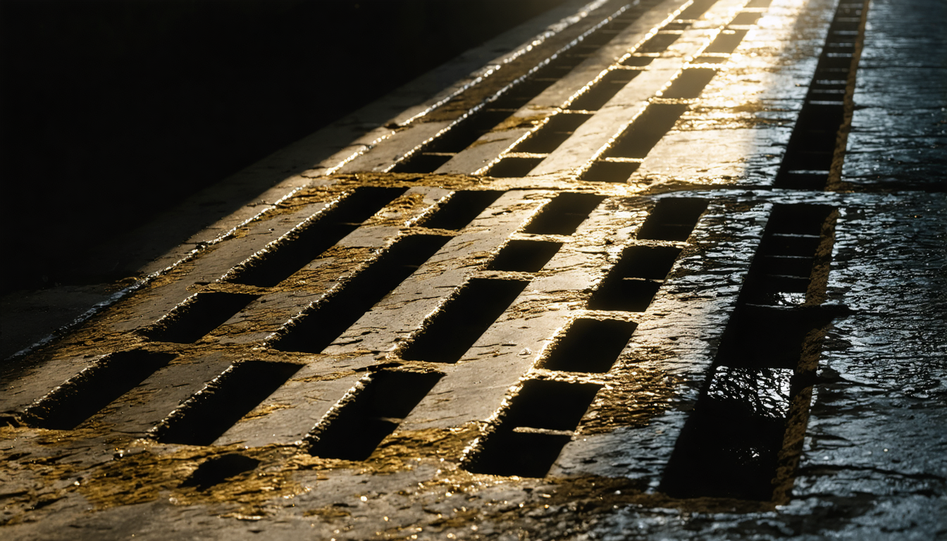 Morning light slipping through a drainage grate onto water that doesn't know it needs permission to flow.