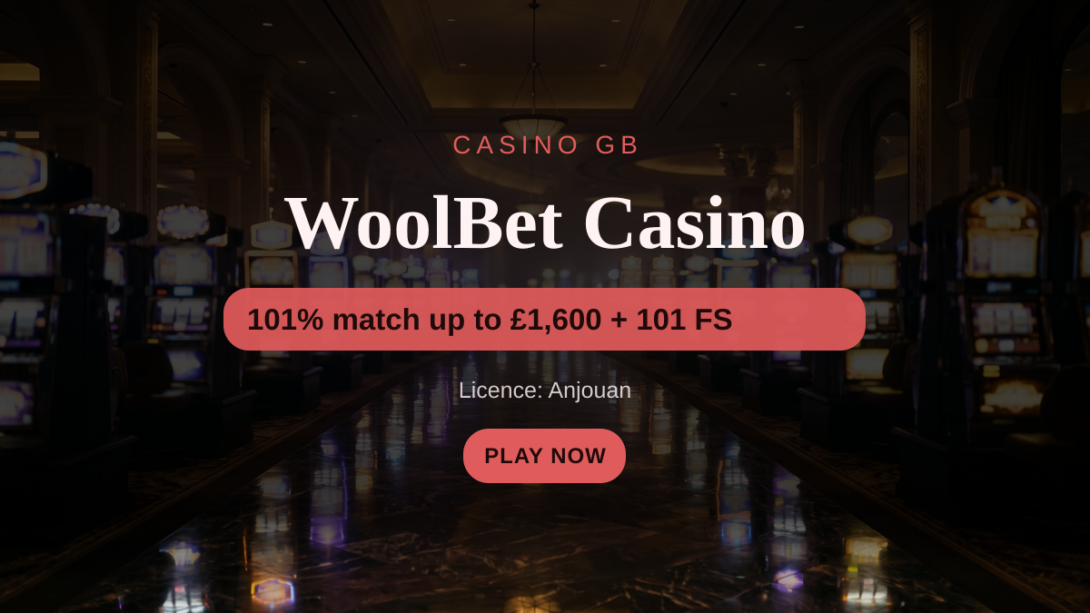 WoolBet Casino — welcome bonus 101% match up to £1,600 + 101 FS, payments: Visa, Mastercard, Skrill, Interac, Apple Pay