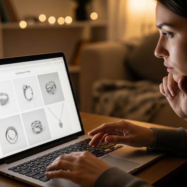 O persoană navigând pe un magazin online de bijuterii de pe laptop