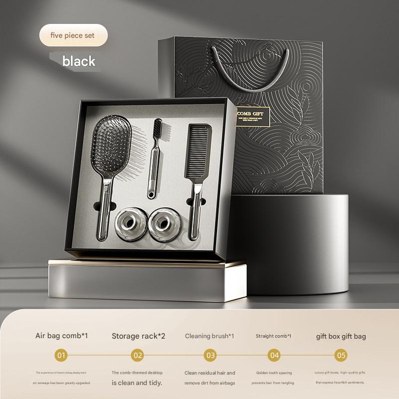 Black 5-Piece Gift Box Set Premium ABS Hair Care Gift Set with Cushion Paddle Brush, Detangling Comb, Cleaning Brush & Stand - Elegant Mother’s Day or Couple’s Gift for Daily Styling and Scalp Comfort