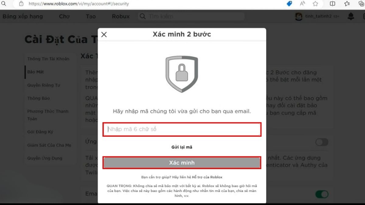 Tắt xác minh 2 bước Roblox trên máy tính