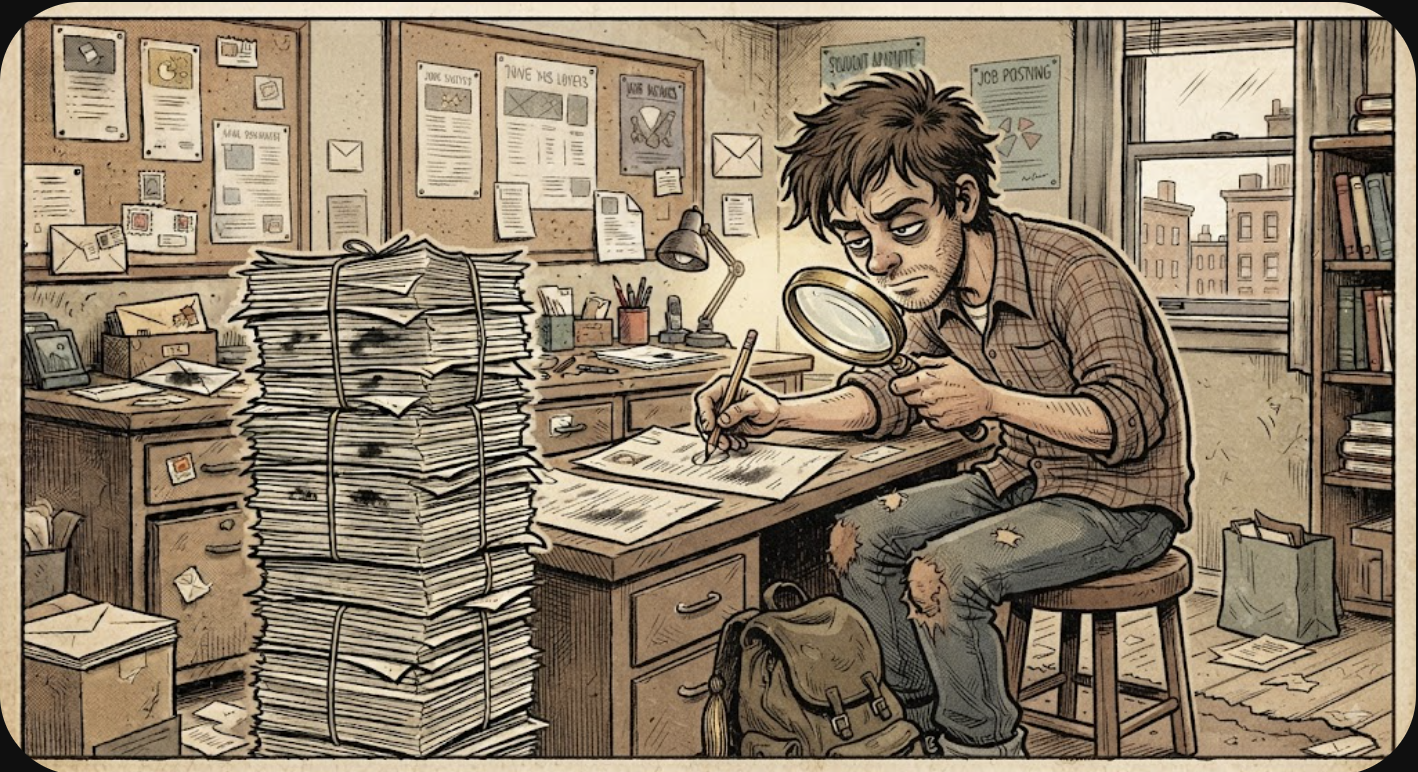 The graduate examines one resume against a job posting with a magnifying glass, circling a match in pencil