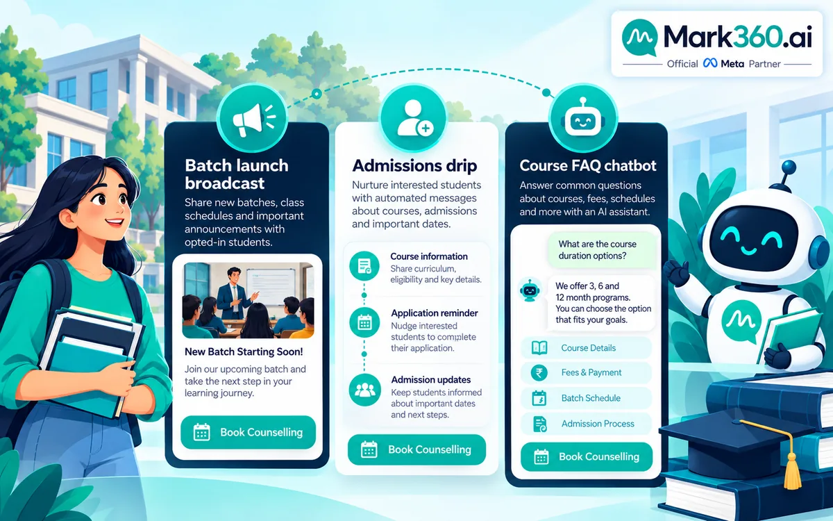 WhatsApp for Education & Coaching: Admissions Drip, Batch Broadcasts & Course Chatbots — card