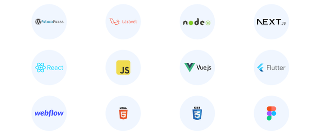 Our technology stack: WordPress, Laravel, Node.js, Next.js, React, JavaScript, Vue.js, Flutter, Webflow, HTML5, CSS3, and Figma.