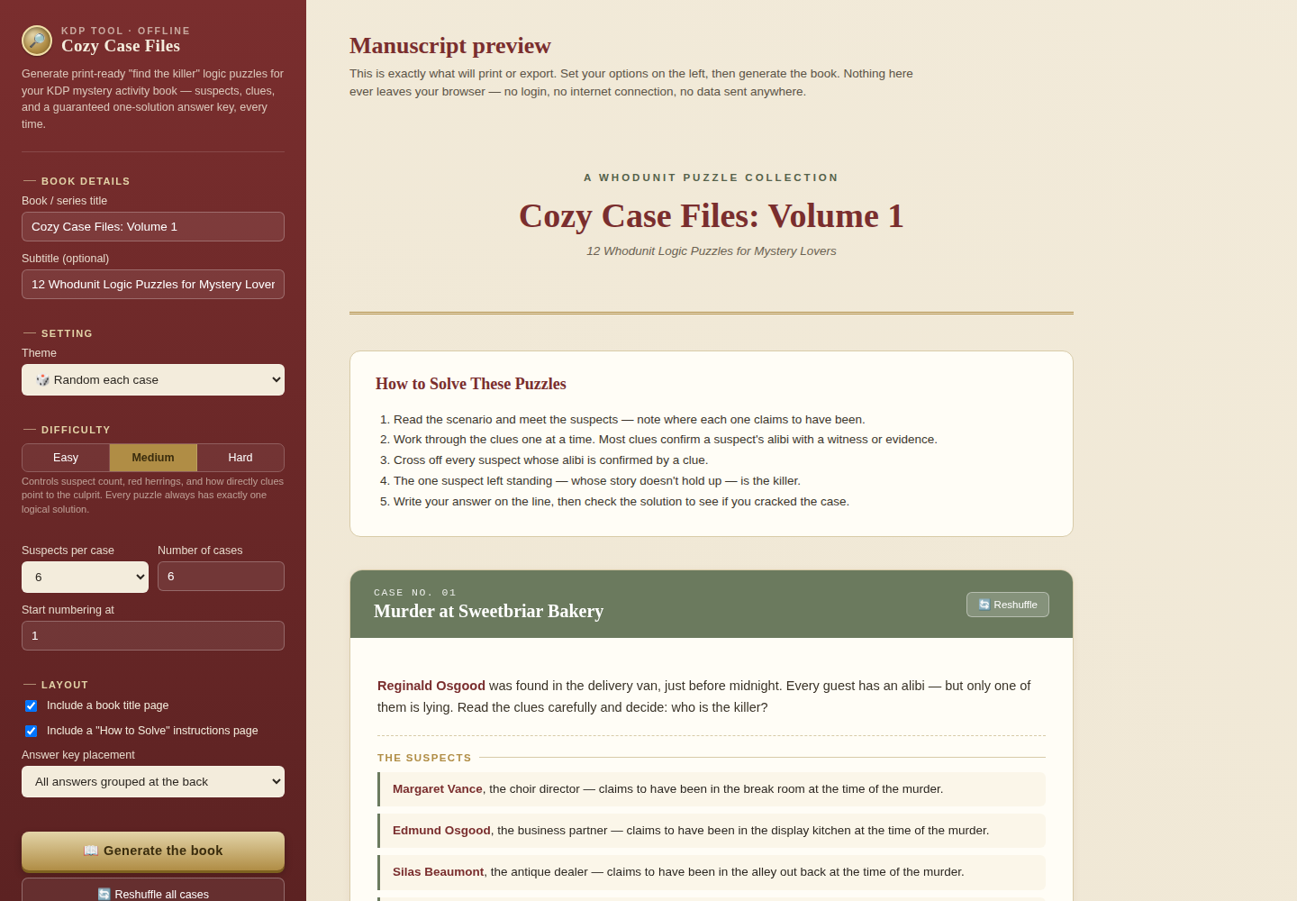 Crime Logic Puzzles Generator dashboard screenshot