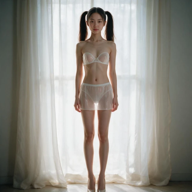A woman with hair in two high ponytails, wearing a transparent strapless bra and a matching transparent mini skirt, along with high heels, standing in a soft light through sheer curtains, dreamy and ethereal ambiance, stylized doll aesthetic