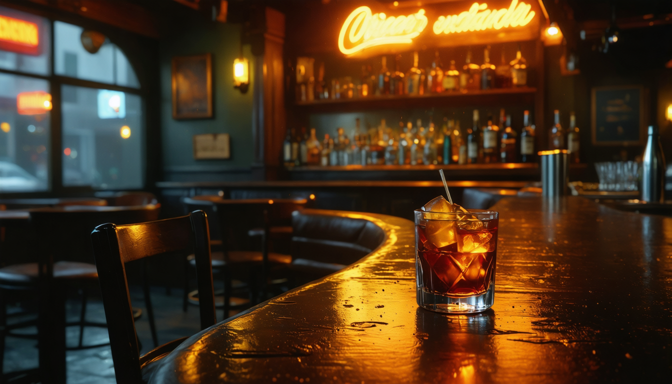 A dimly lit mid-century cocktail lounge with an empty barstool and a half-finished drink, ambient glow from neon outside.