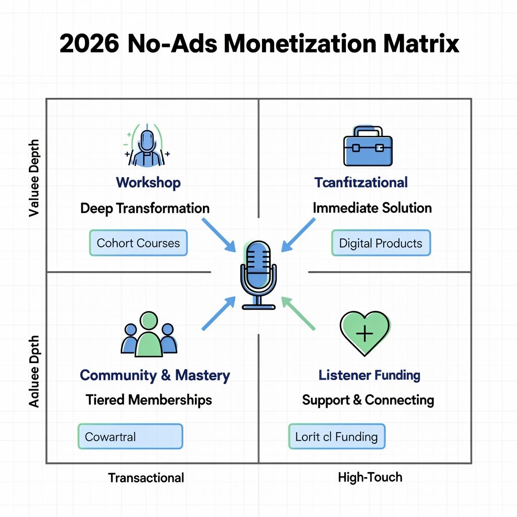 Infographic of the 2026 Podcast Monetization Matrix showing four quadrants based on Audience Mindset and Value Depth