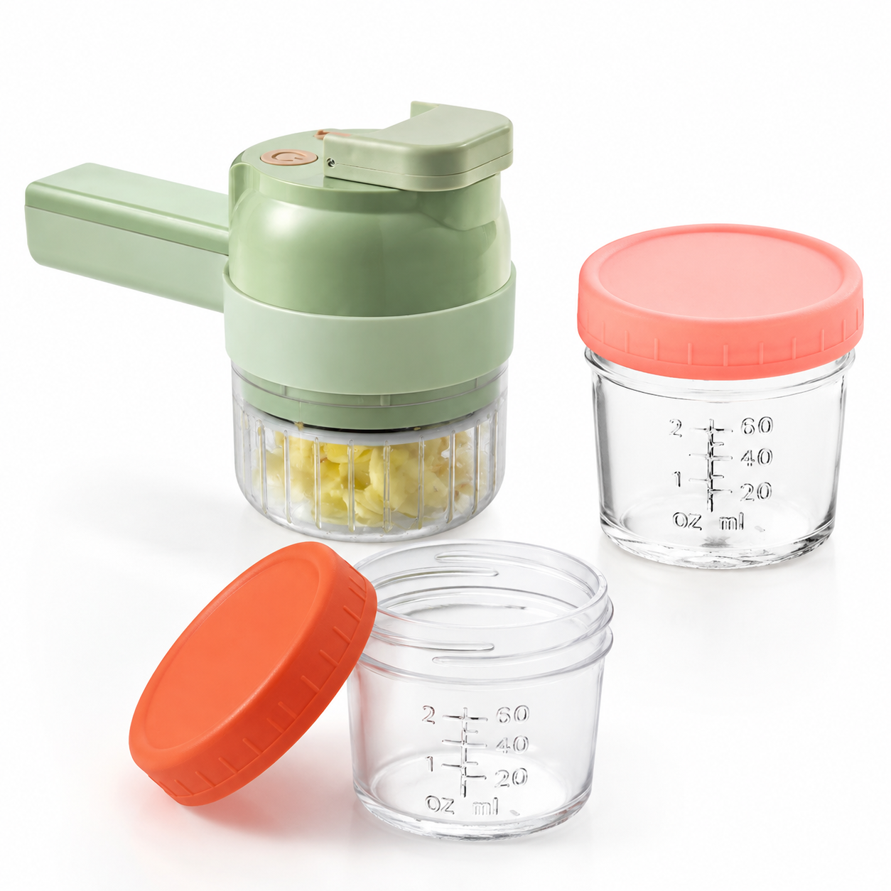 Seasoning Preparation and Storage Set-Green Electric Handheld Food Processor With Orange lid and Pink lid 4oz Glass Storage Jars - USB-C Charging - Multi-Function Chopper, Slicer and Cleaning Brush Set for Garlic Vegetables