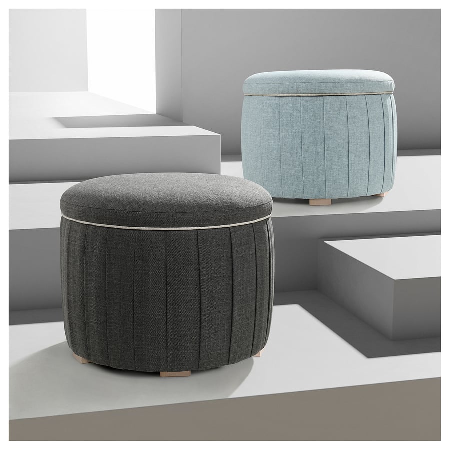 Round Storage Ottoman – Light Blue / Charcoal Grey