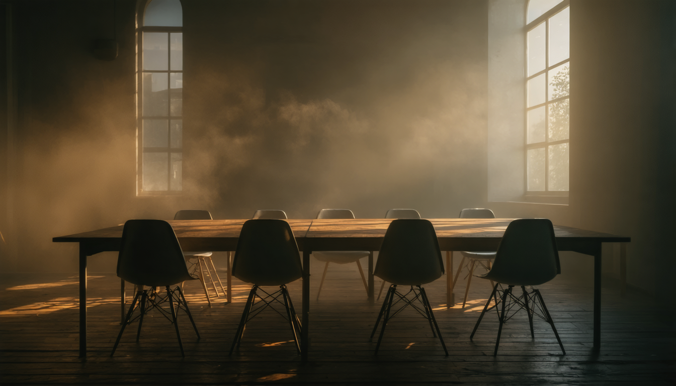 An empty room at night lit only by a window, dust visible in the still air, chairs slightly out of place.