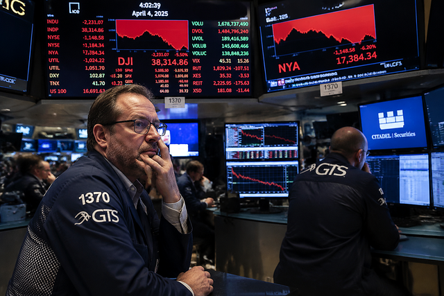 Photorealistic photojournalistic image of a Wall Street trading floor with multiple monitors showing declining red stock charts, quantitativ