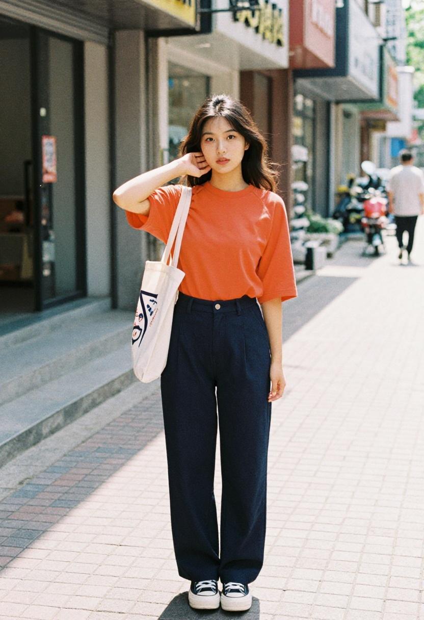 Woman in tangerine raglan baseball tee and wide-leg navy trousers for a chic spring stadium outfit
