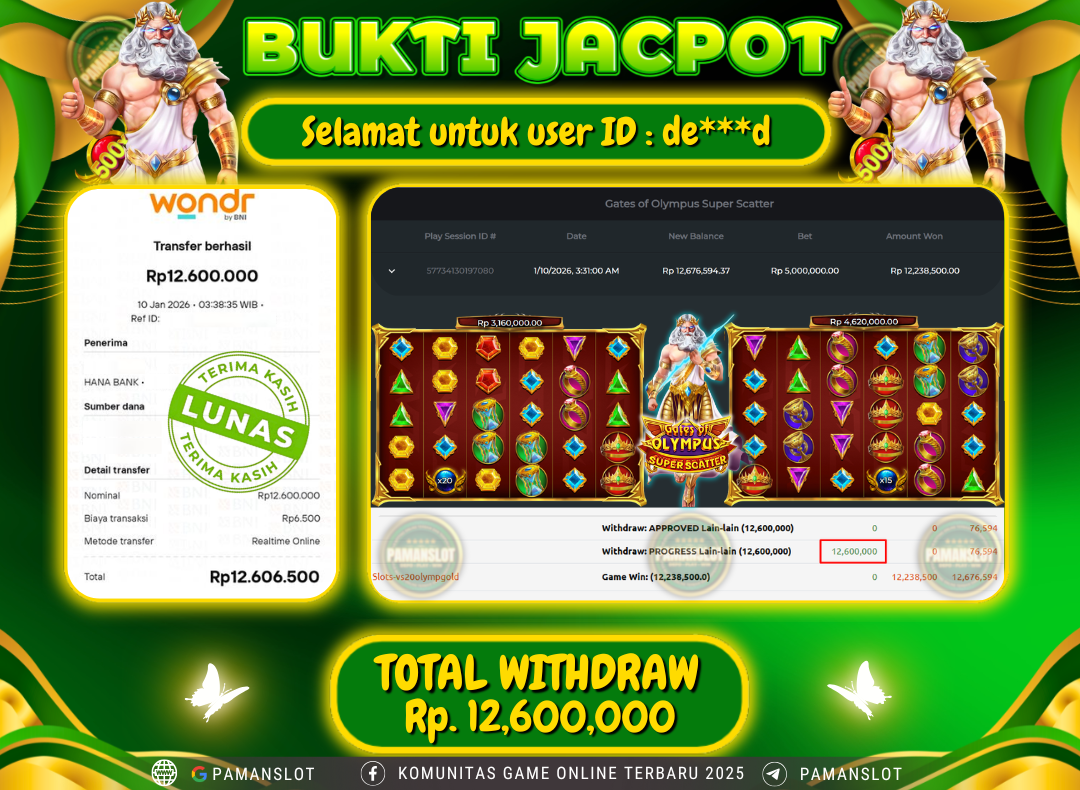PAMANSLOT JACKPOT Game PP - Gates of Olympus Super Scatter Rp.12,600,000- LUNAS