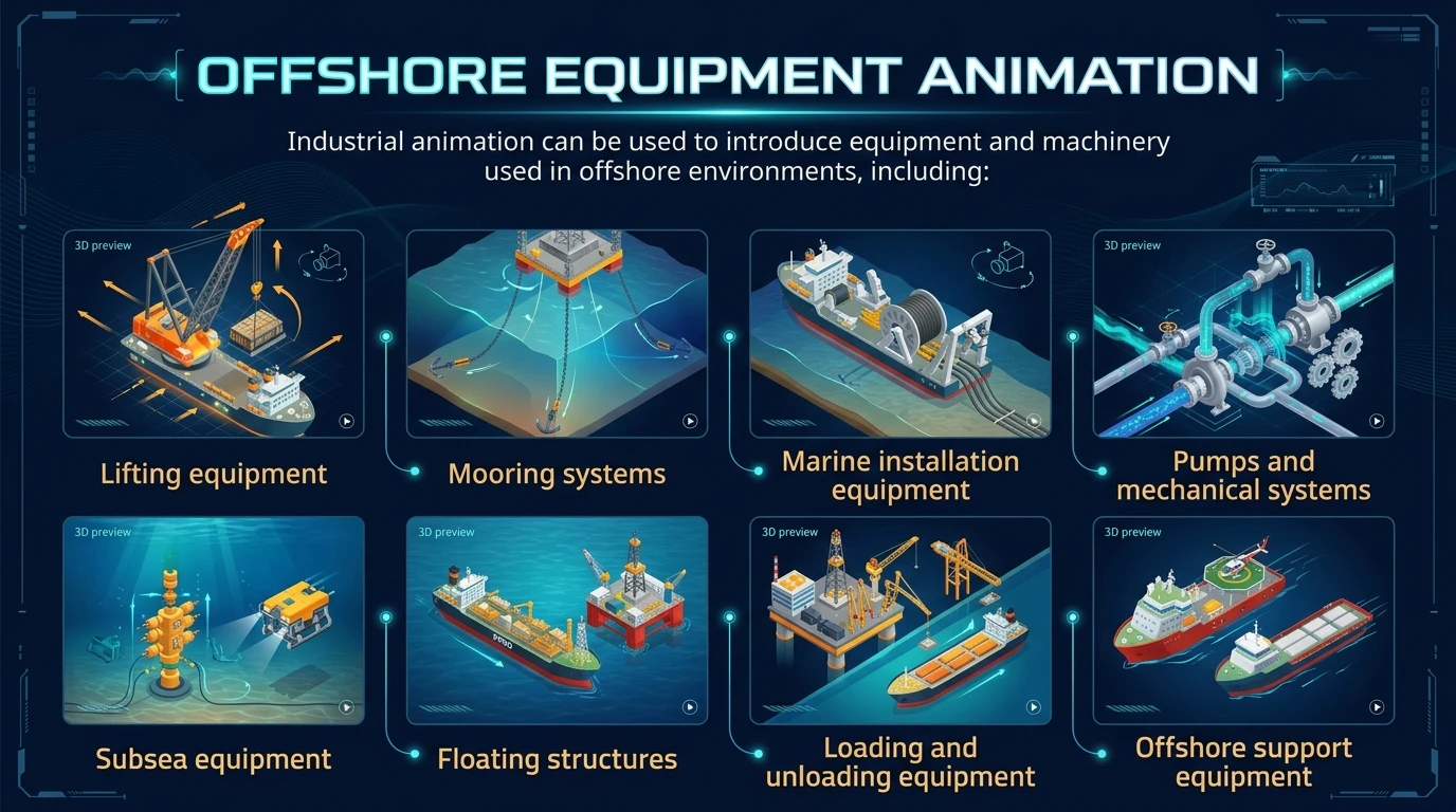 Offshore equipment animation covering lifting equipment, mooring systems, marine installation, pumps, subsea equipment, floating structures, loading equipment and offshore support vessels