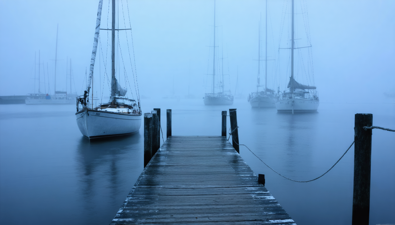 Cape Cod harbor in dense morning fog, a few boat masts barely visible, the waterline indistinct.
