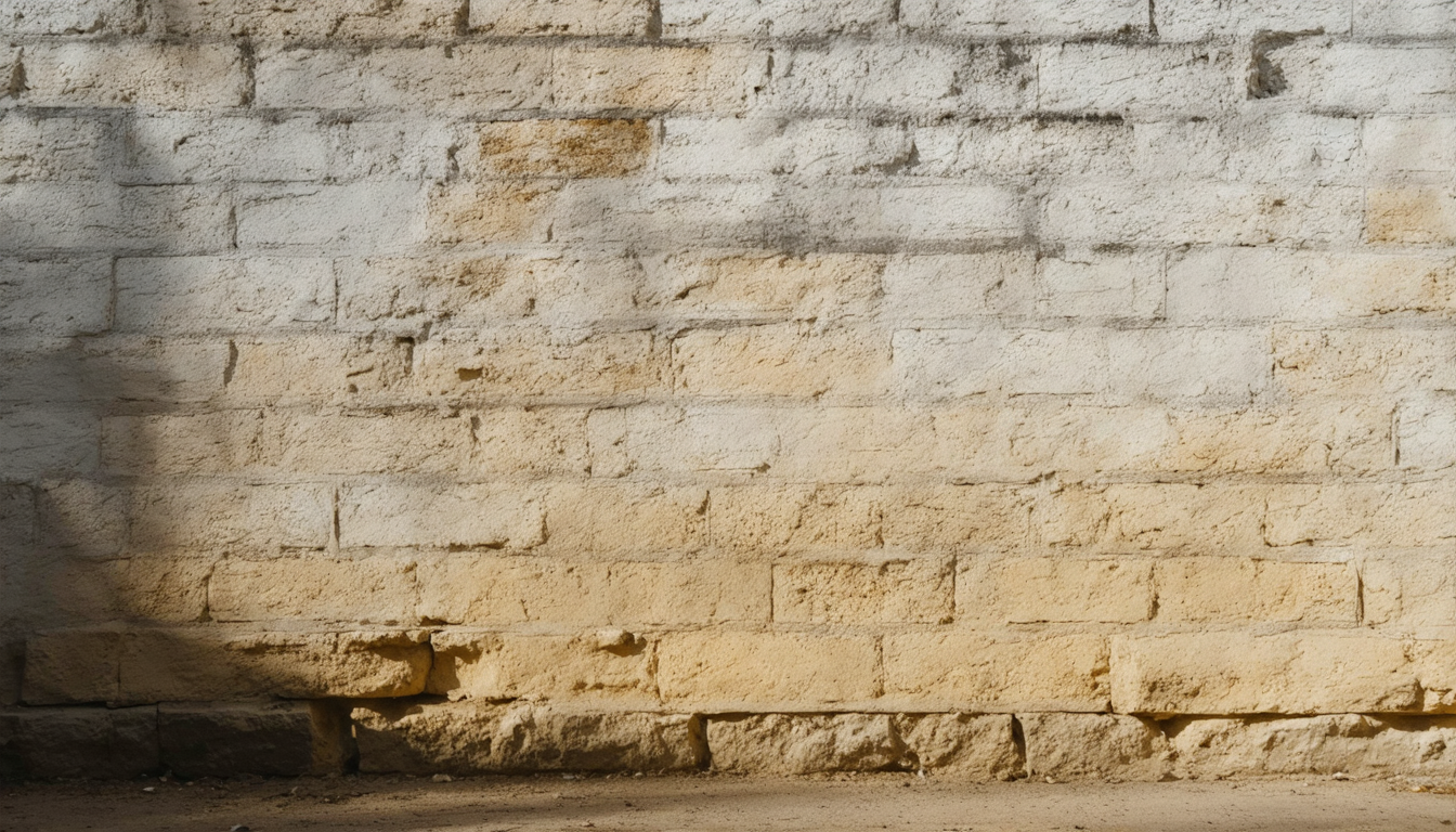 A rough, sunlit stone wall in low warm light, empty and textured, inviting a touch that leaves nothing behind.