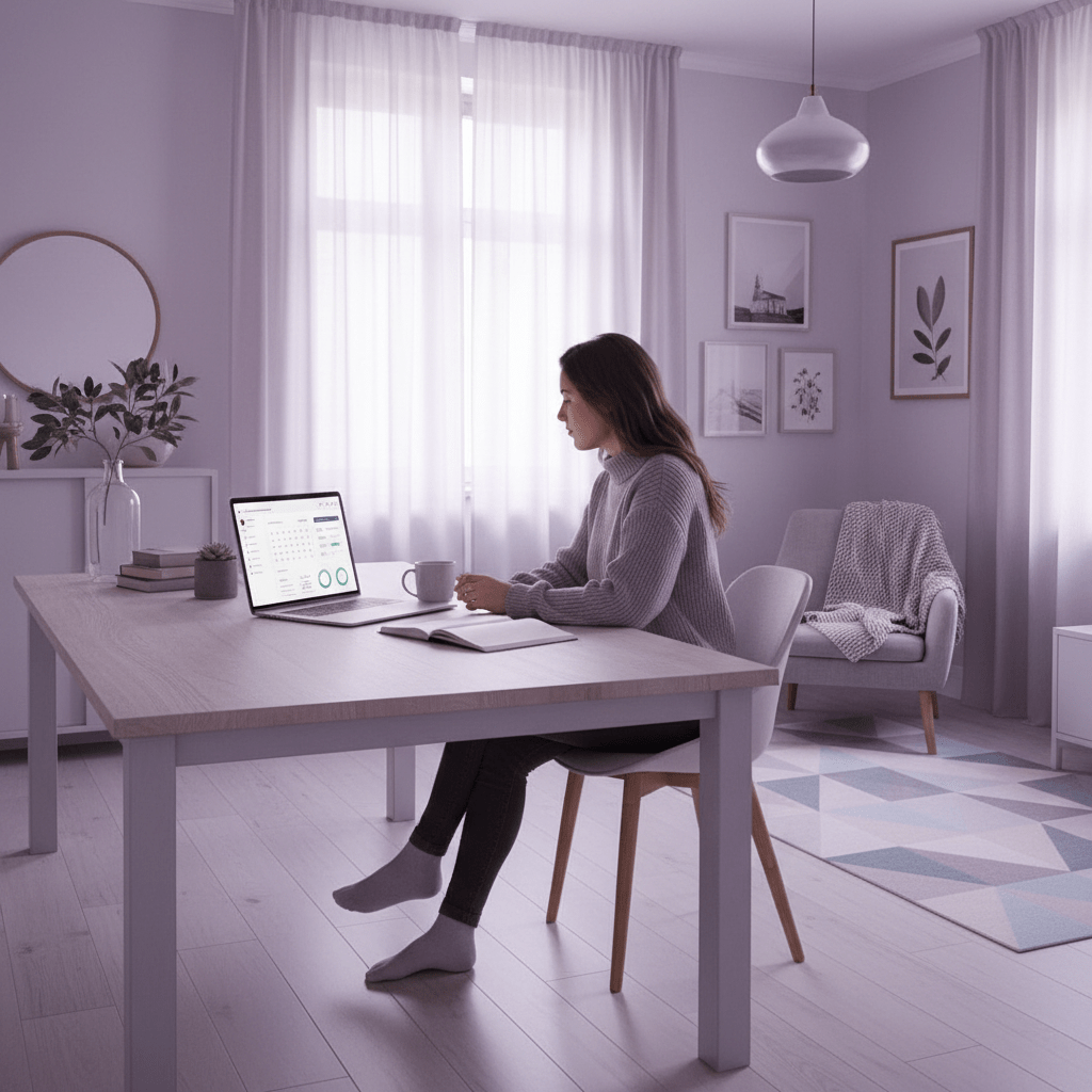 Airbnb host reviewing a booking dashboard in a modern rental workspace