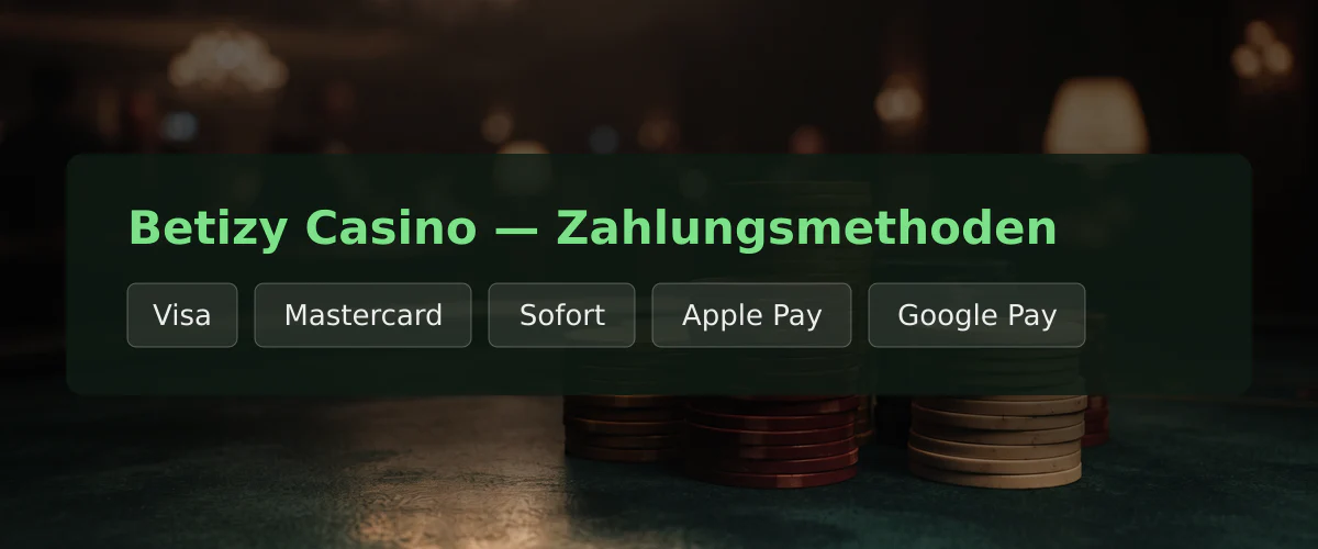 Betizy Casino — Zahlungsmethoden: Visa, Mastercard, Sofort, Apple Pay, Google Pay Betizy Casino — Zahlungsmethoden: Visa, Mastercard, Sofort, Apple Pay, Google Pay