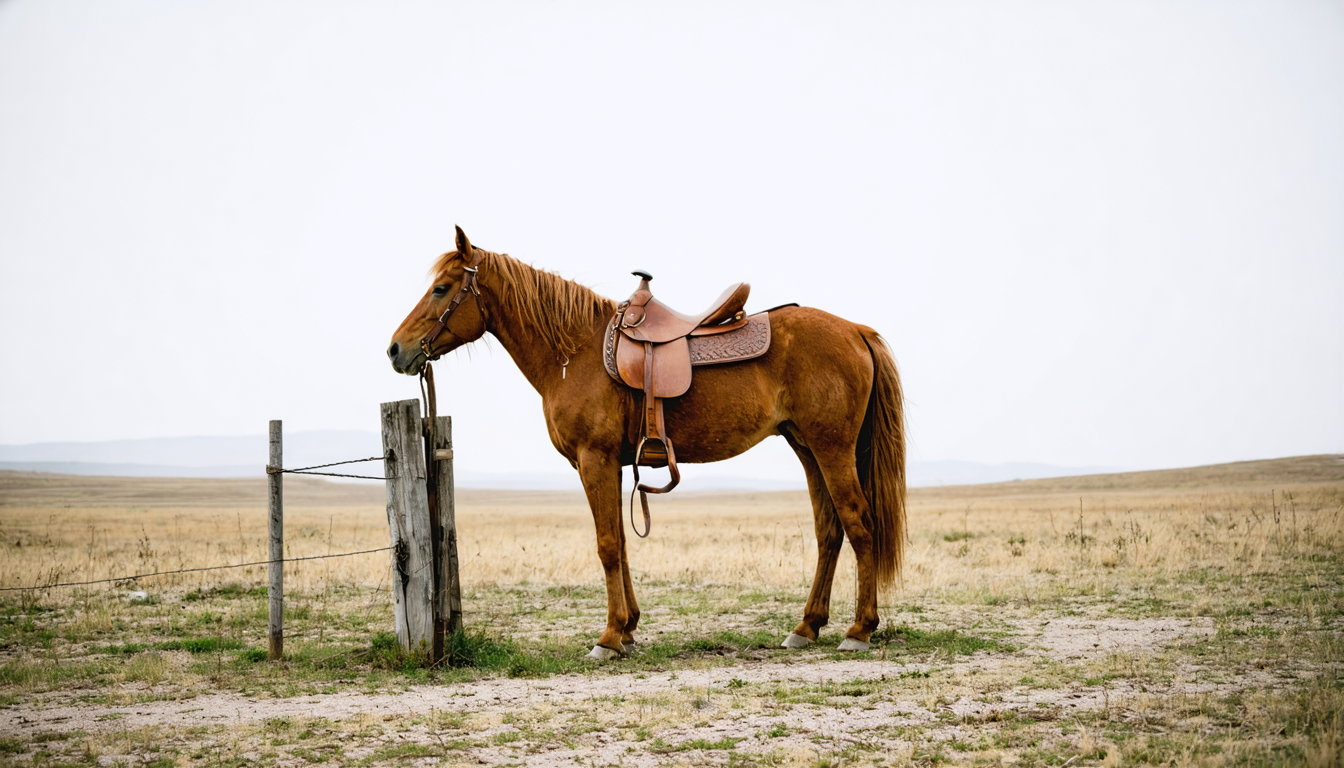 A solitary horse standing untethered at a weathered wooden post in an open steppe landscape under overcast skies.