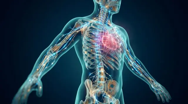 Translucent human figure with glowing nervous system and skeletal structure against dark blue background