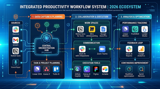 رسم بياني يوضح نظام عمل متكامل يجمع أفضل تطبيقات إنتاجية 2026 في Workflow واحد فعّال