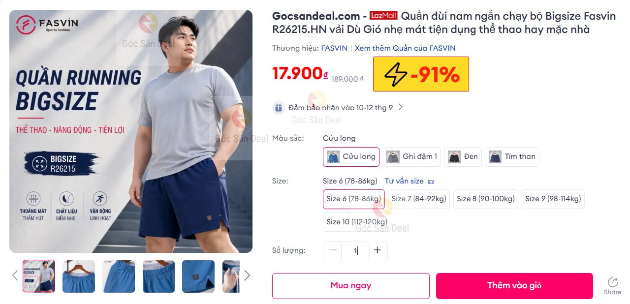 Quần đùi nam ngắn chạy bộ Bigsize Fasvin R26215.HN vải Dù Gió nhẹ mát tiện dụng thể thao hay mặc nhà