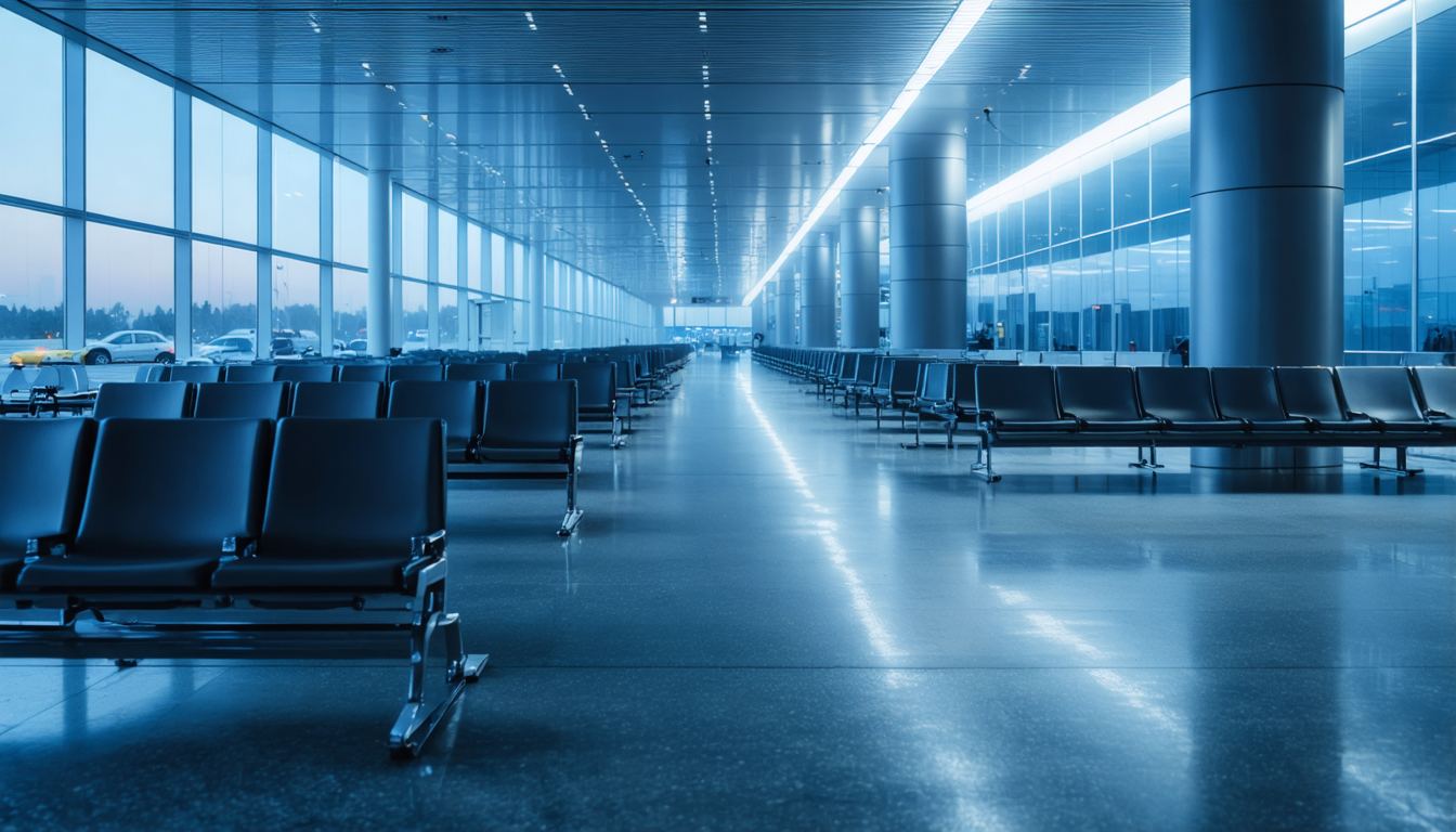 An empty airport departure gate at dusk, rows of vacant seats, low light through tall windows.