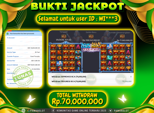 Selamat kepada Member PAMANSLOT Game PP - Zeus vs Hades - Gods of War :  WI***3