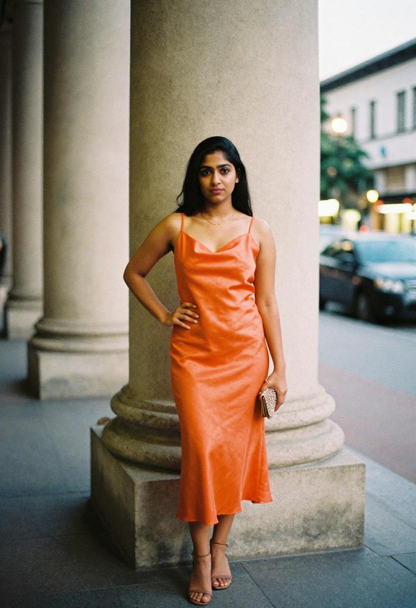 Tangerine satin slip dress with gold accessories for a speed dating evening event