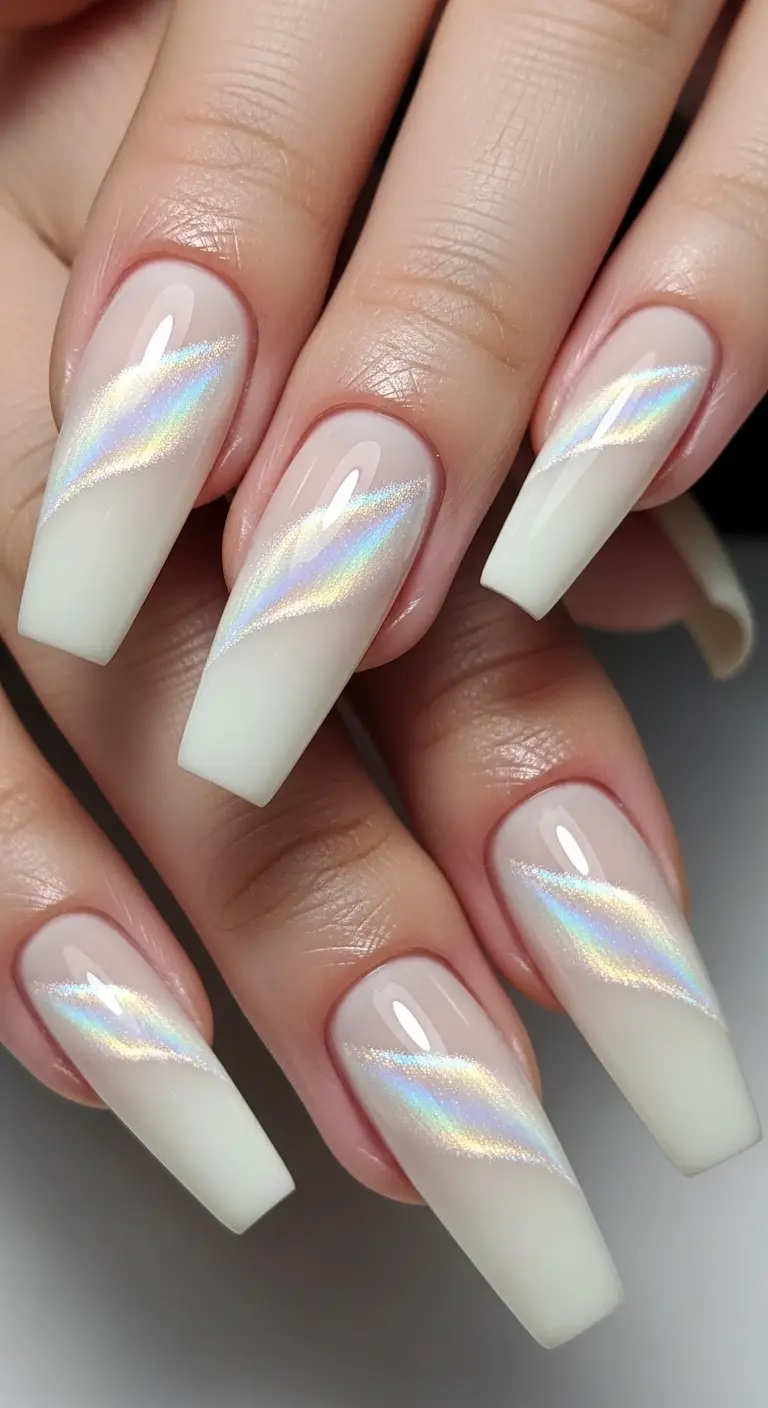 Ivory White Cat-Eye Magnetic Coffin Nails