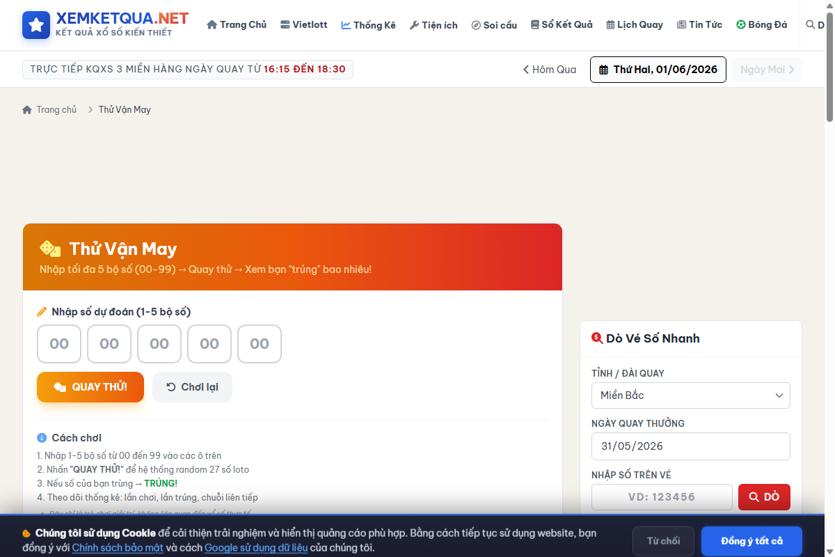 Hướng dẫn cách xem và sử dụng Thử vận may trên Xemketqua.net