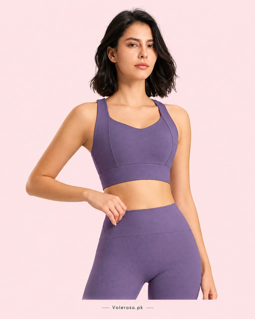 Ribbed Seamless Longline Sports Bra Set – High-Waisted Lavender Workout Set, Front view