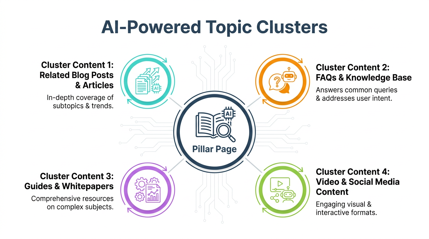 Infographic showing how an AI-powered topic cluster strategy works, with a central 'Pillar Page' connected to four 'Cluster Content' articles. The title is in the brand color #274059.