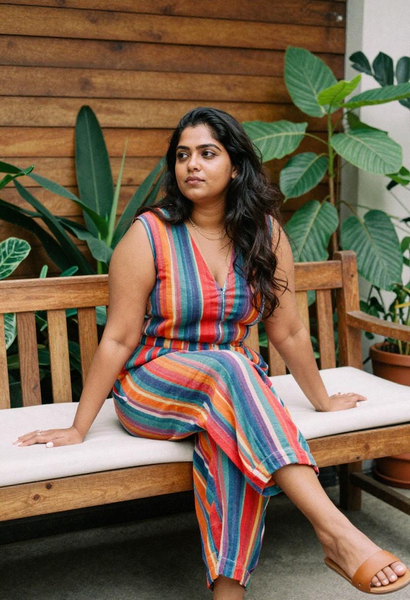 Fine-stripe wide-leg linen jumpsuit with gold layers for curvy women