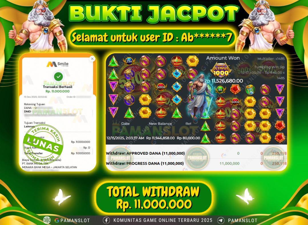 PAMANSLOT JACKPOT Game Gates of Olympus 1000 Rp.11,000,000- LUNAS