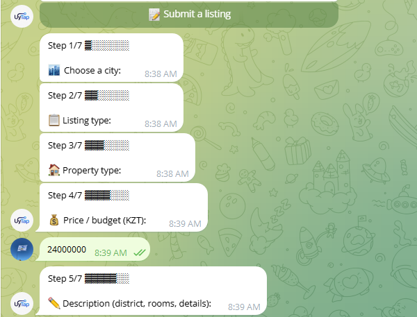 The bot asks the reader the form questions step by step: city, listing type, property type, price as a number, description