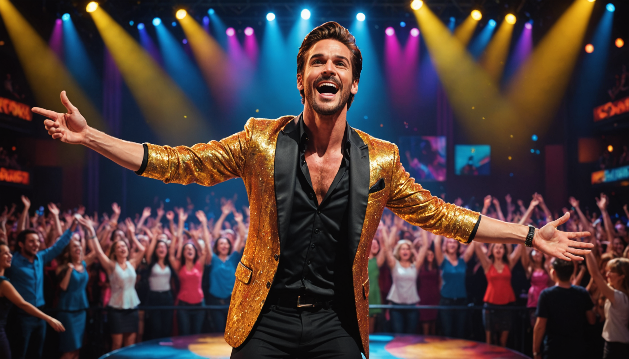 Performer on stage, vibrant personality, lively audience, bright lights, captivating performance
