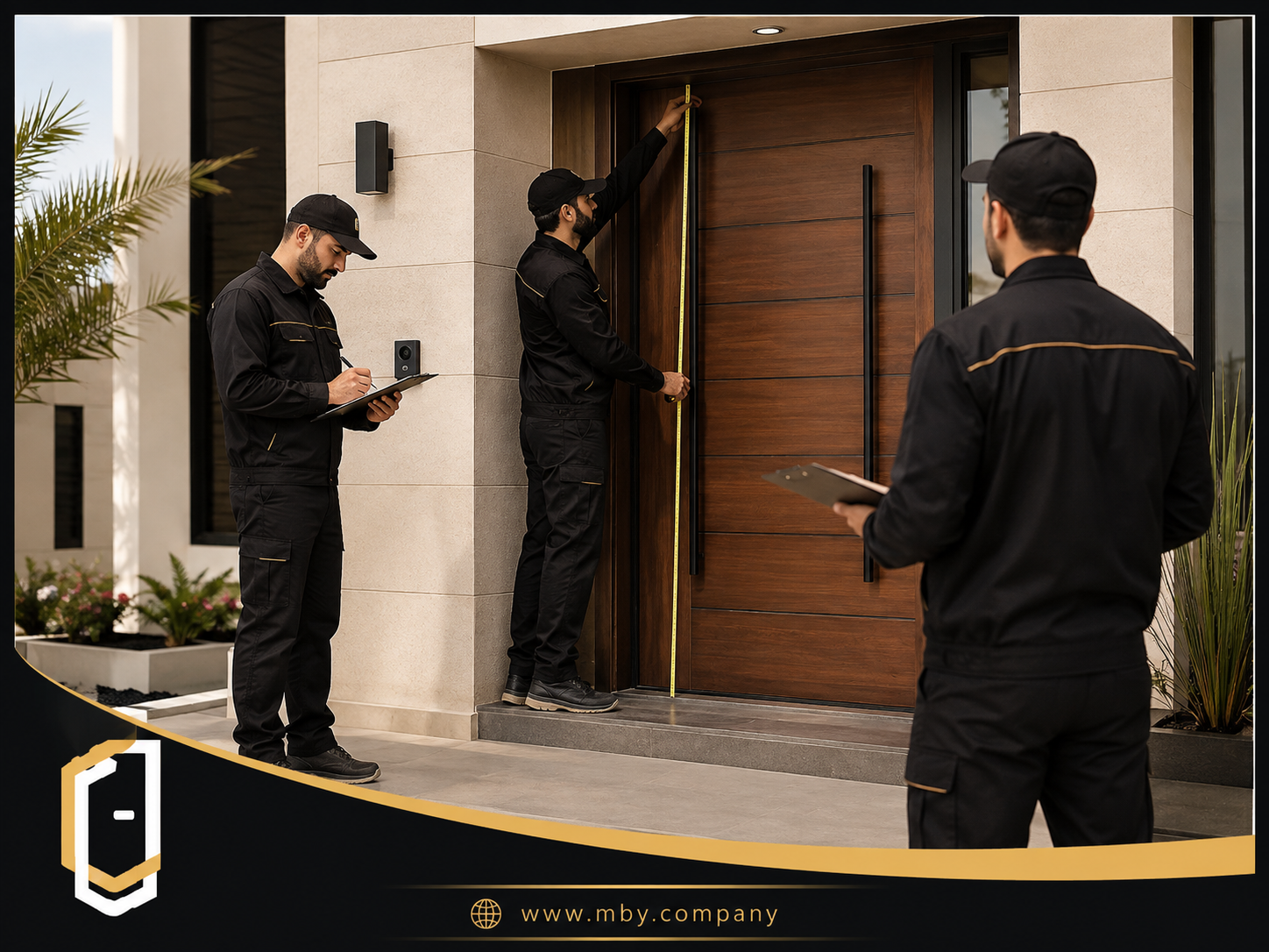 فريق فني من شركة ابواب مودرن يقوم برفع مقاسات باب خارجي قبل التصنيع