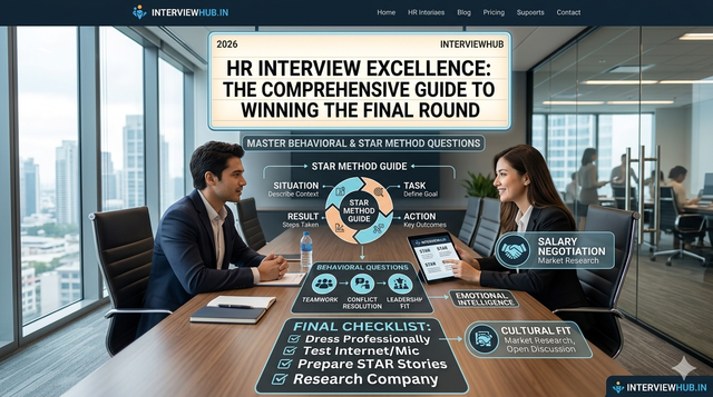 Comprehensive 2026 HR Interview Guide from InterviewHub, featuring STAR method examples, behavioral questions, salary negotiation tips, and a preparation checklist, all presented through a modern infographic interface.