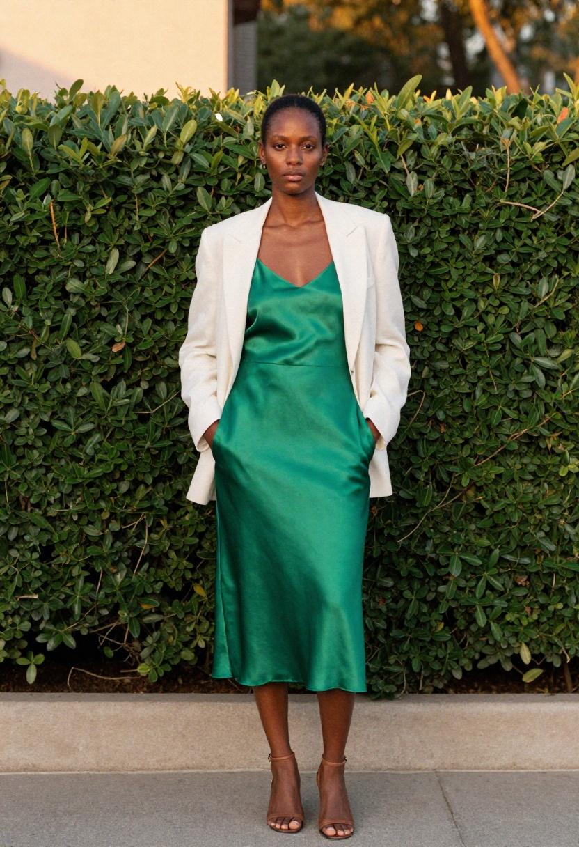 Woman in emerald satin slip dress under white blazer at a sunset promposal